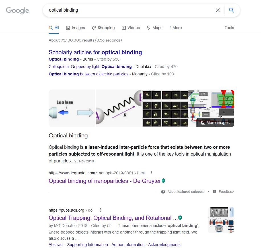 Optical binding of nanoparticles is the first article when optical binding is entered into Google
