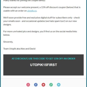 1st welcome email for Utopik festival clothing store